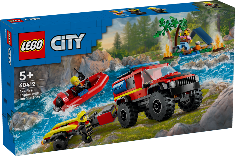 60412 LEGO® City 4x4 Ugunsdzēsēju auto ar glābšanas laivu , 5+ gadi, 2024 gada modelis