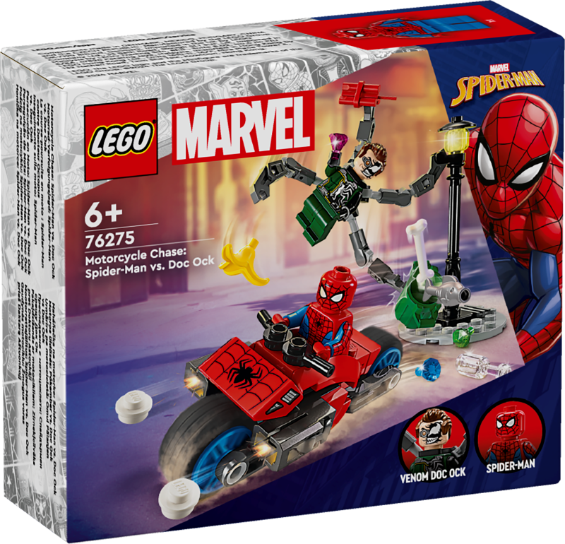 # 76275 LEGO® Marvel Super Heroes Pakaļdzīšanās ar motocikliem: Zirnekļcilvēks pret Doktoru Astoņkāji, 8+ gadi, 2024 gada modelis
