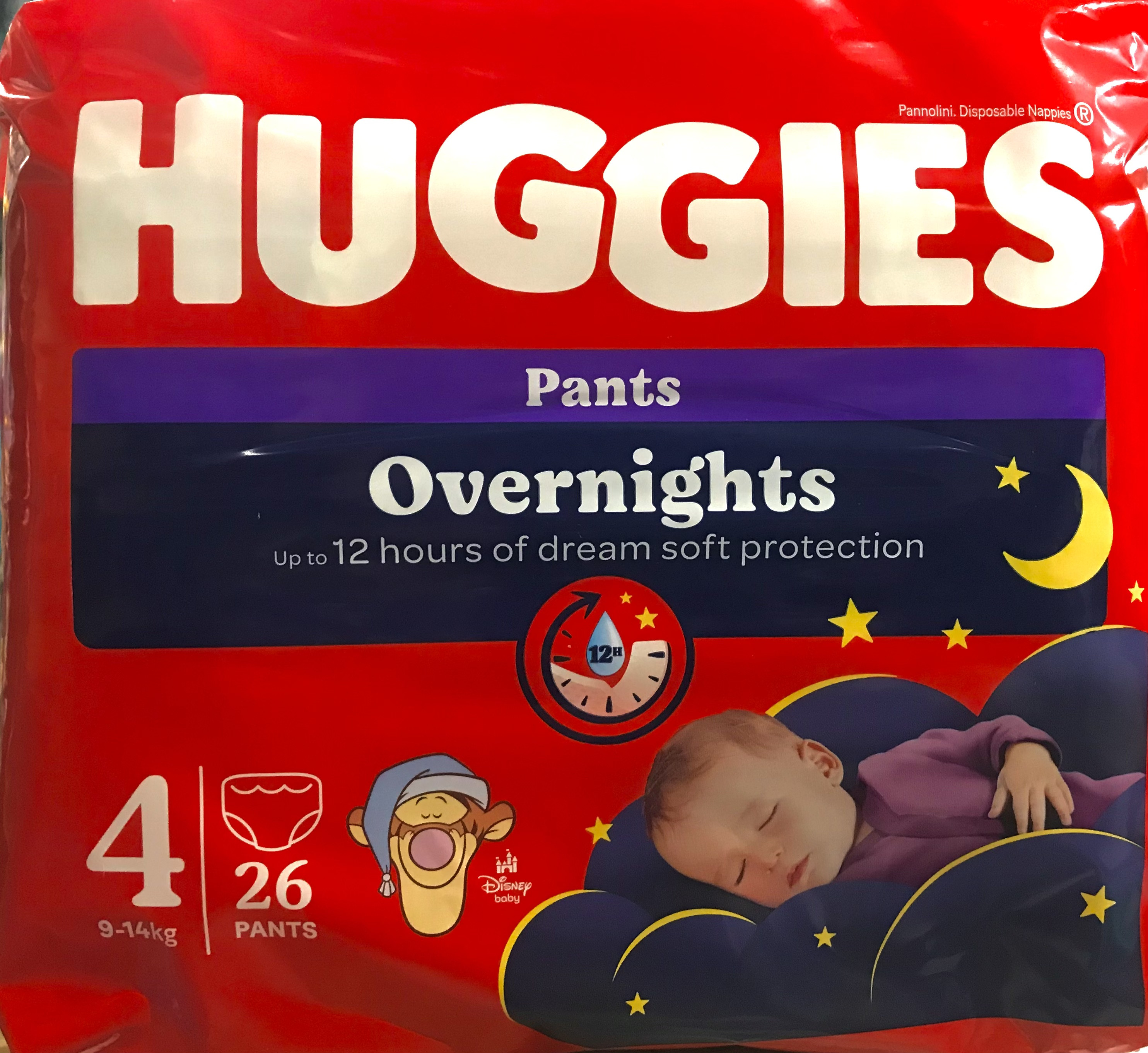 HUGGIES Overnights (Dry Nites) nakts biksītes 4 izmērs 9 -14kg, 26 gb
