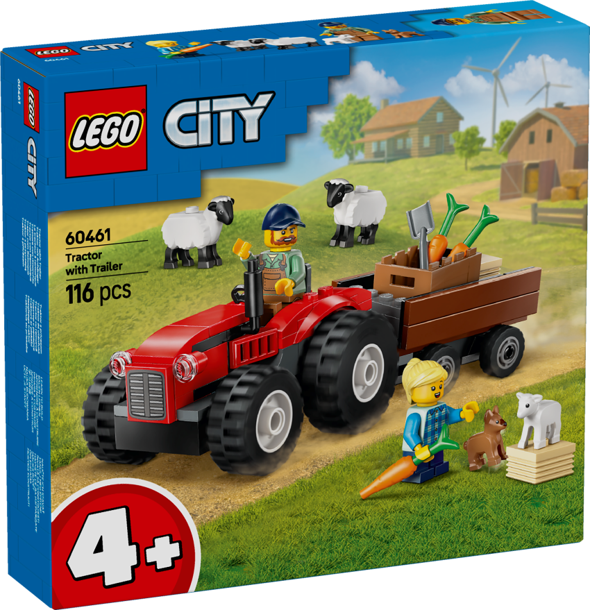 60461 LEGO® City Sarkans lauku traktors ar piekabi un aitām, 4+ gadi, 2025 gada modelis