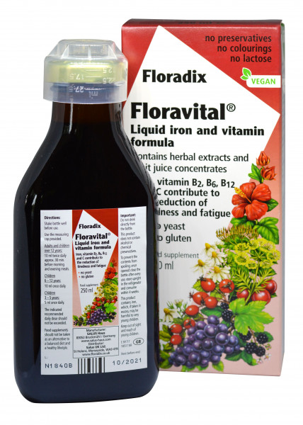 Floradix floravital šķidrais dzelzs uztura bagātinātājs, bez glutēna, 250ml