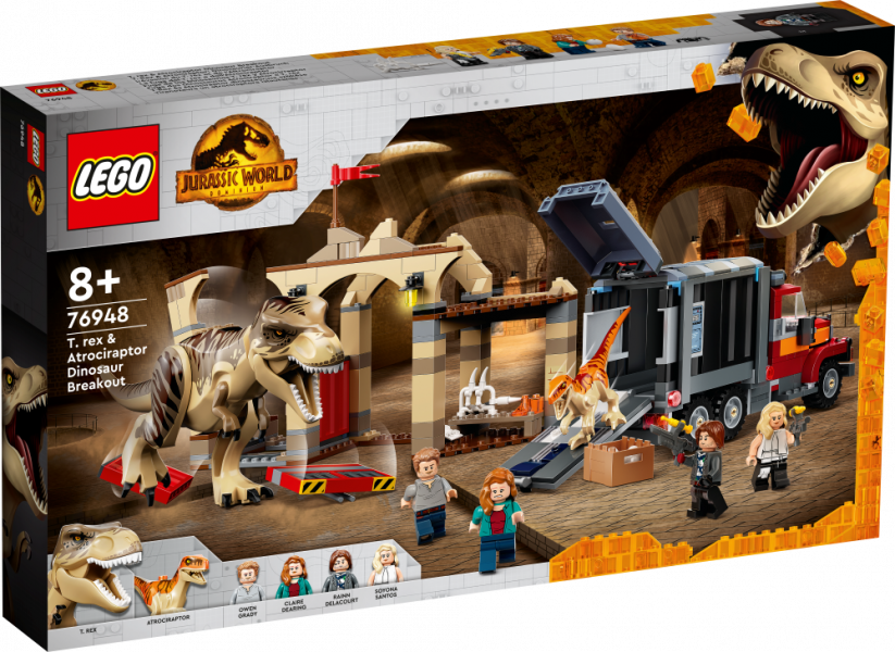 76948 LEGO® Jurassic World Tiranozaura un atrociraptora izlaušanās, 8+ gadi, 2022. gada modelis