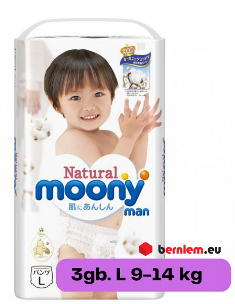 Moony Natural uzvelkamās biksītes ar kokvilnu L (9-14kg), 3 gab. (Ražots Japānā, Merries - līdzvērtīgs analogs)