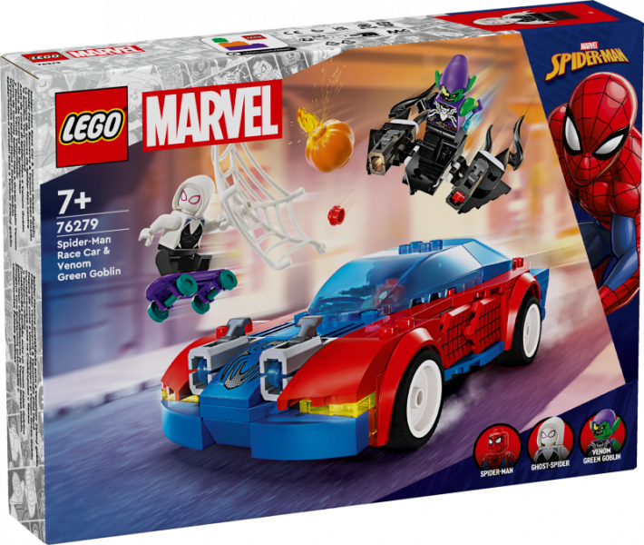 76279 LEGO® Marvel Super Heroes Zirnekļcilvēka sacīkšu auto un Venom Zaļais Goblins, 7+ gadi, 2024 gada modelis