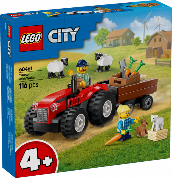 60461 LEGO® City Sarkans lauku traktors ar piekabi un aitām, 4+ gadi, 2025 gada modelis