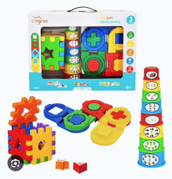 TIGRES Bērnu rotaļlietu dāvanu komplekts - 3 spēles (maģiskais kubs; piramīda; domino), 12+ mēn, Art. 39881